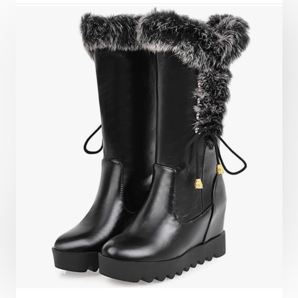 Elegant Black Faux Fur Trim Wedge Boots